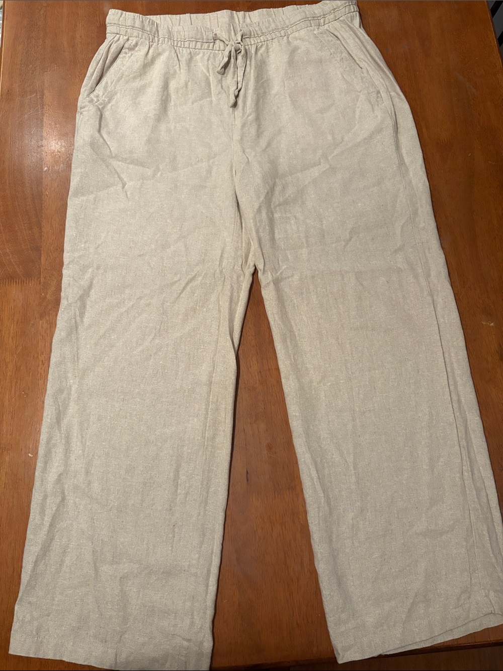 Old Navy Linen Blend Beige Wide-Leg Drawstring Pants